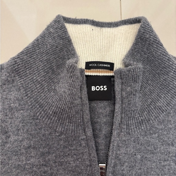 HUGO BOSS $199 Wool Cashmere Men Sweater with Zip Neck Grey Size L